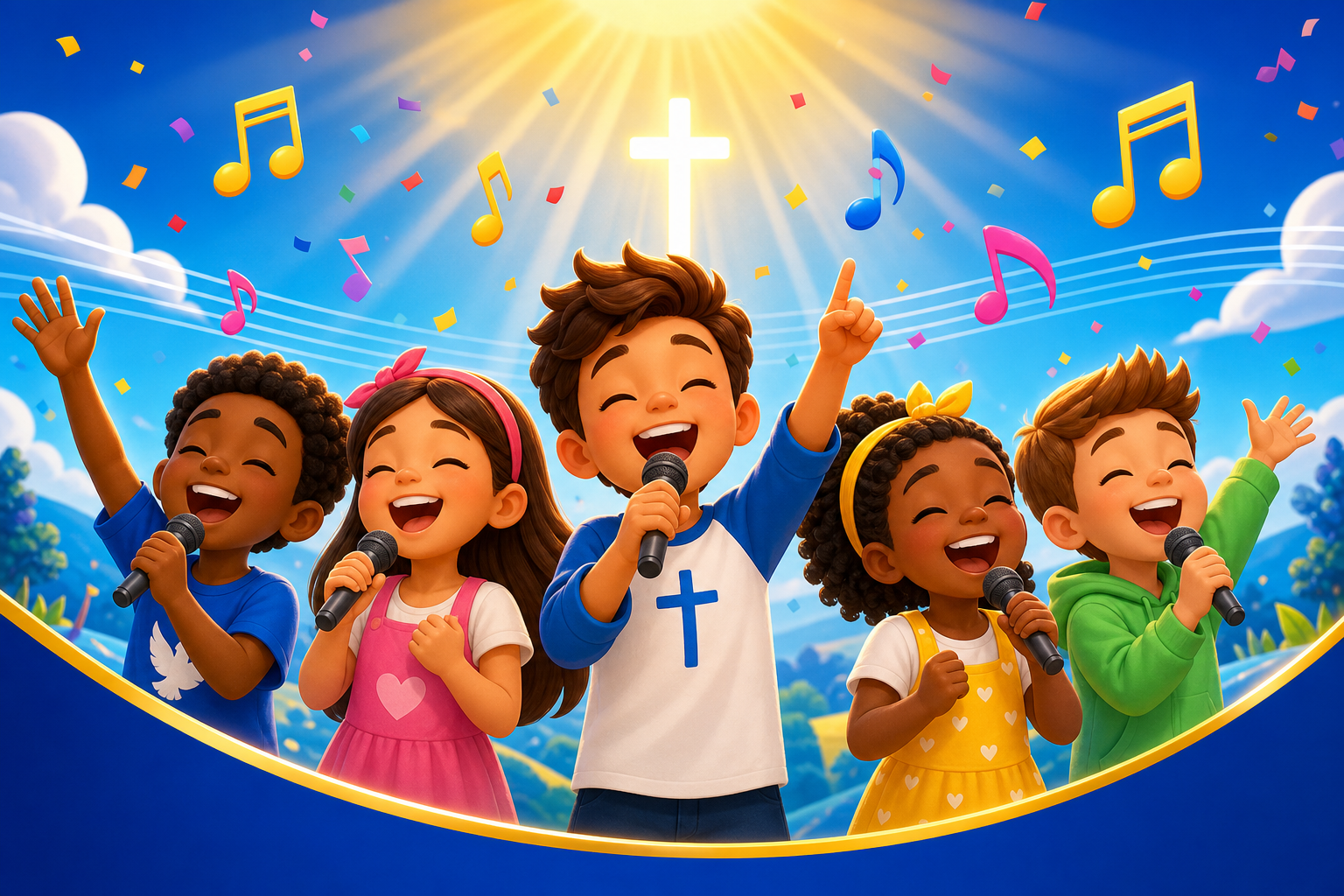 Video thumbnail of joyful children singing with musical notes and sunshine