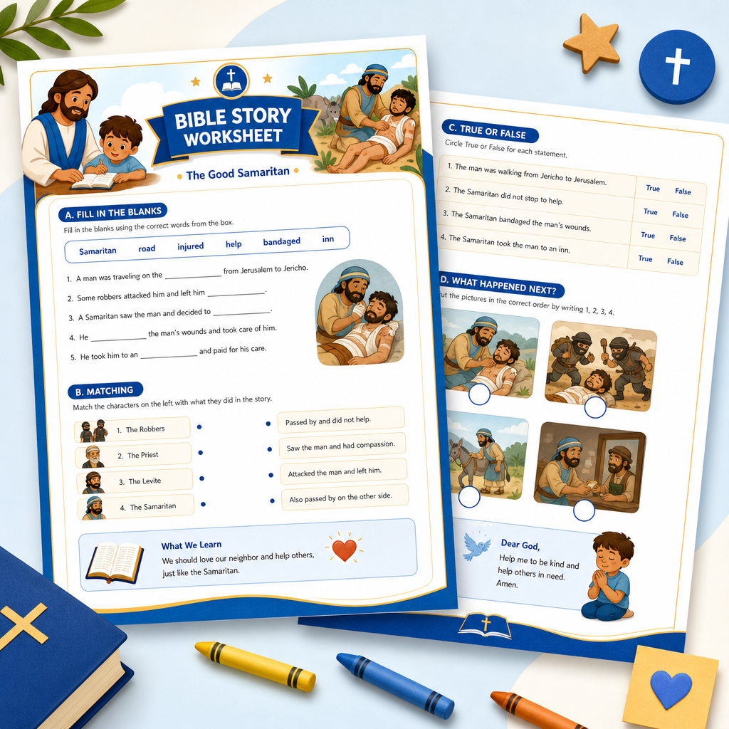 Worksheet pages with Bible story fill-in-the-blank and matching activities