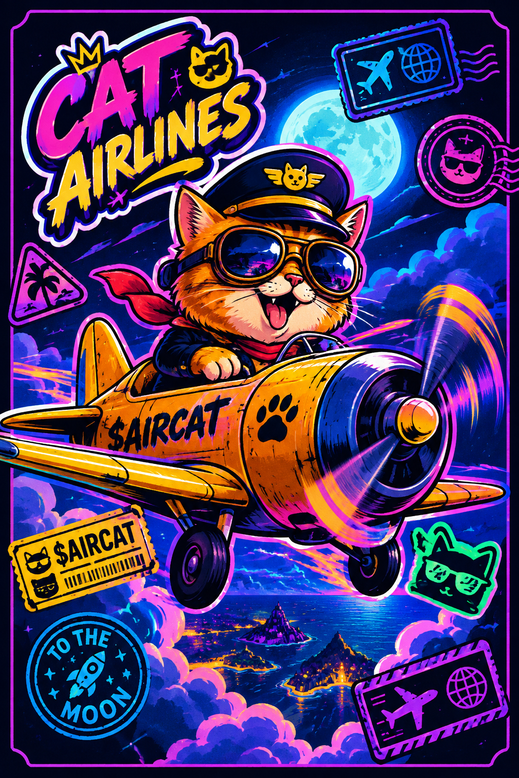 Playful Cat Airlines mascot piloting a tiny retro airplane above neon clouds with meme-style travel stickers