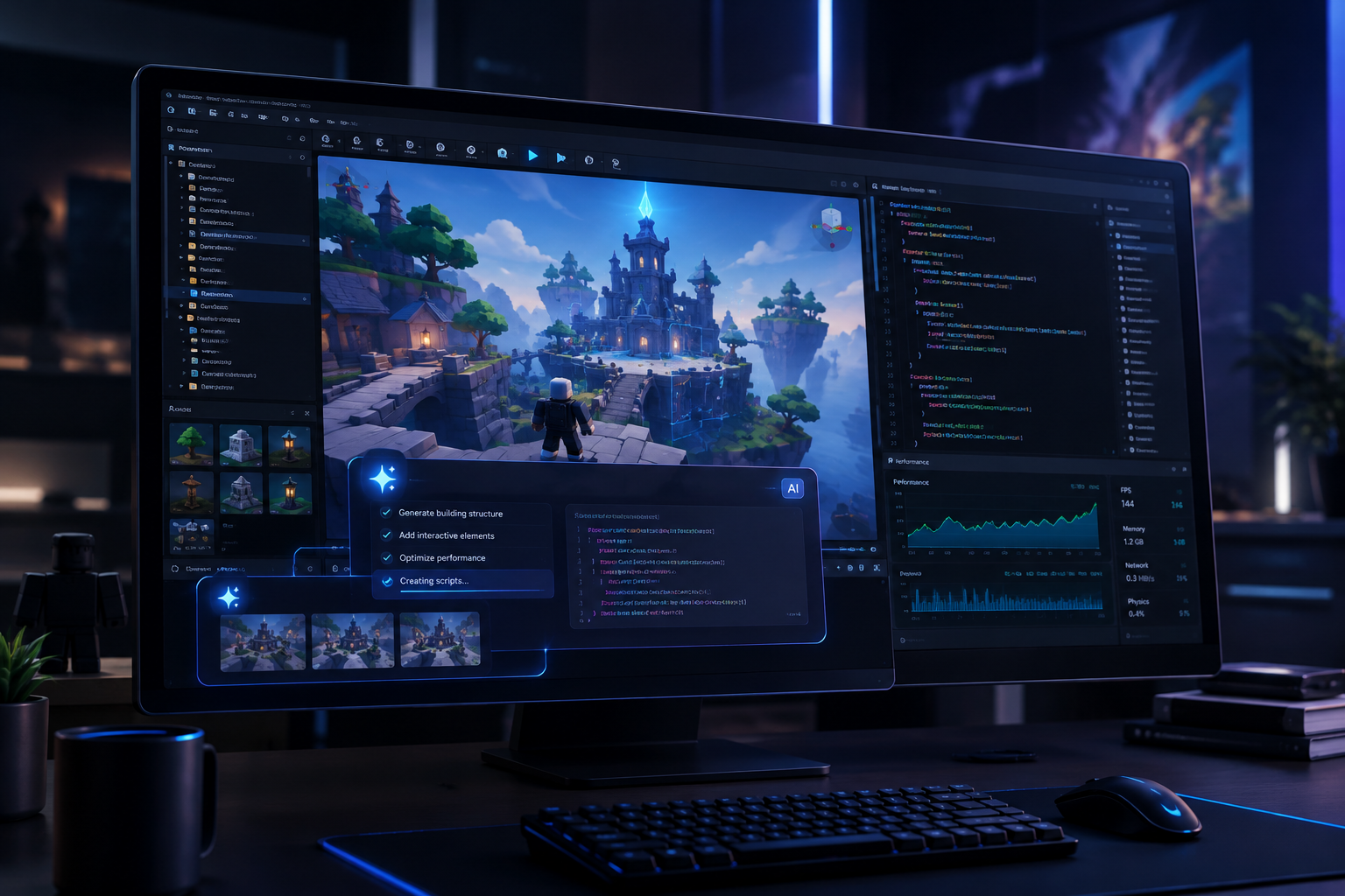 dark futuristic Roblox Studio style game interface on multiple panels with code, level editor viewport, and AI workflow overlays