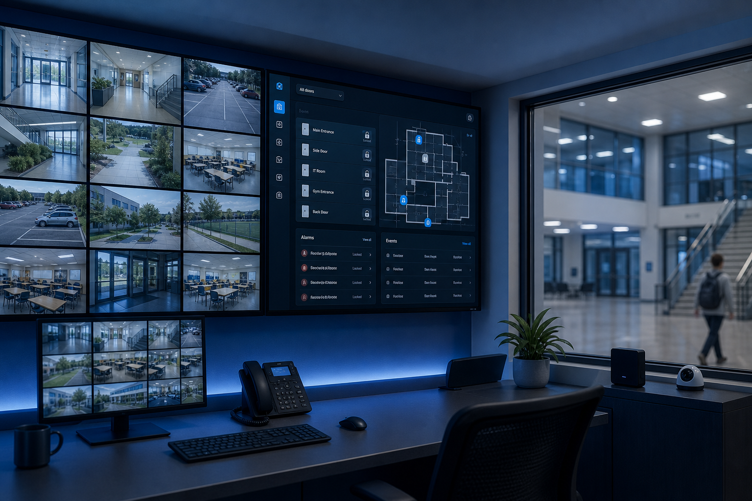 Modern education and commercial security control room with wall-mounted camera feeds and an access control dashboard