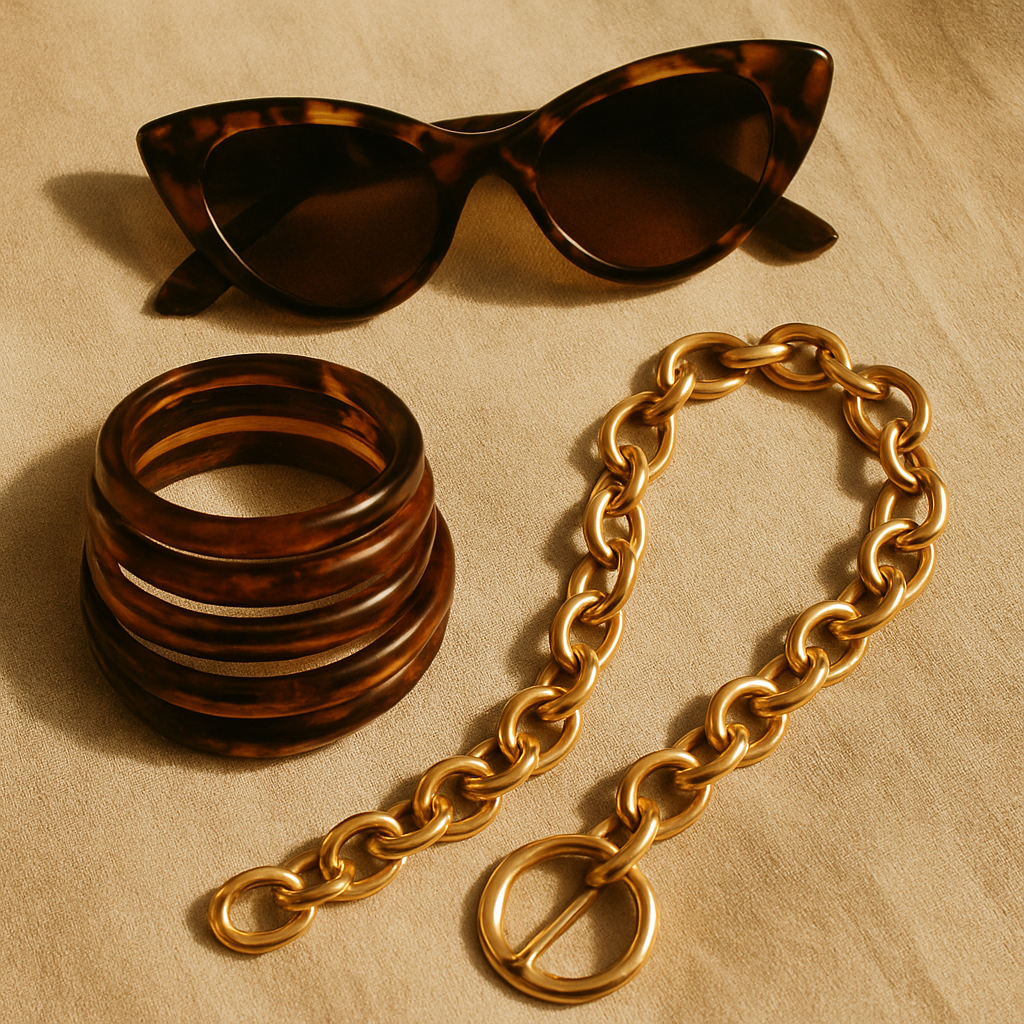 Curated vintage accessories including tortoise sunglasses, gold chain belt, and bangles on linen