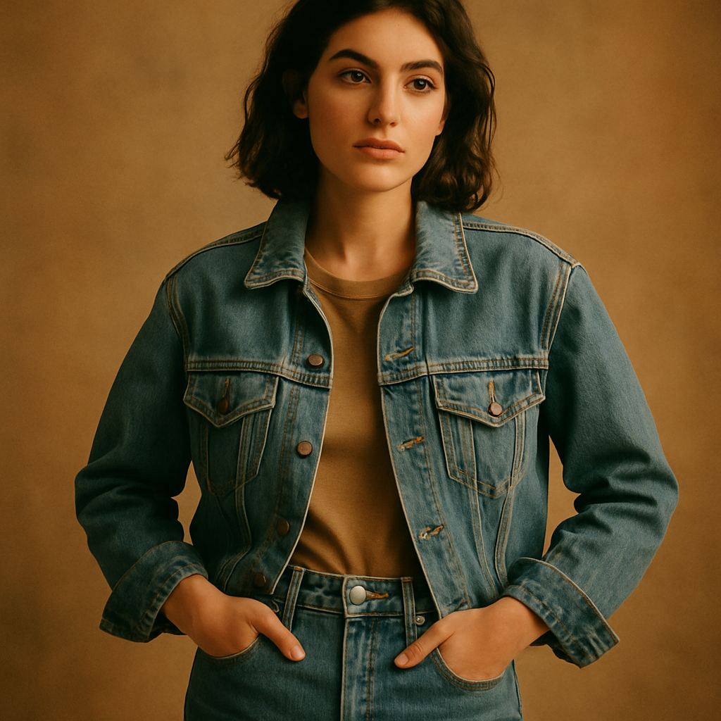 Vintage denim jacket layered over high-rise jeans in a warm film-styled studio