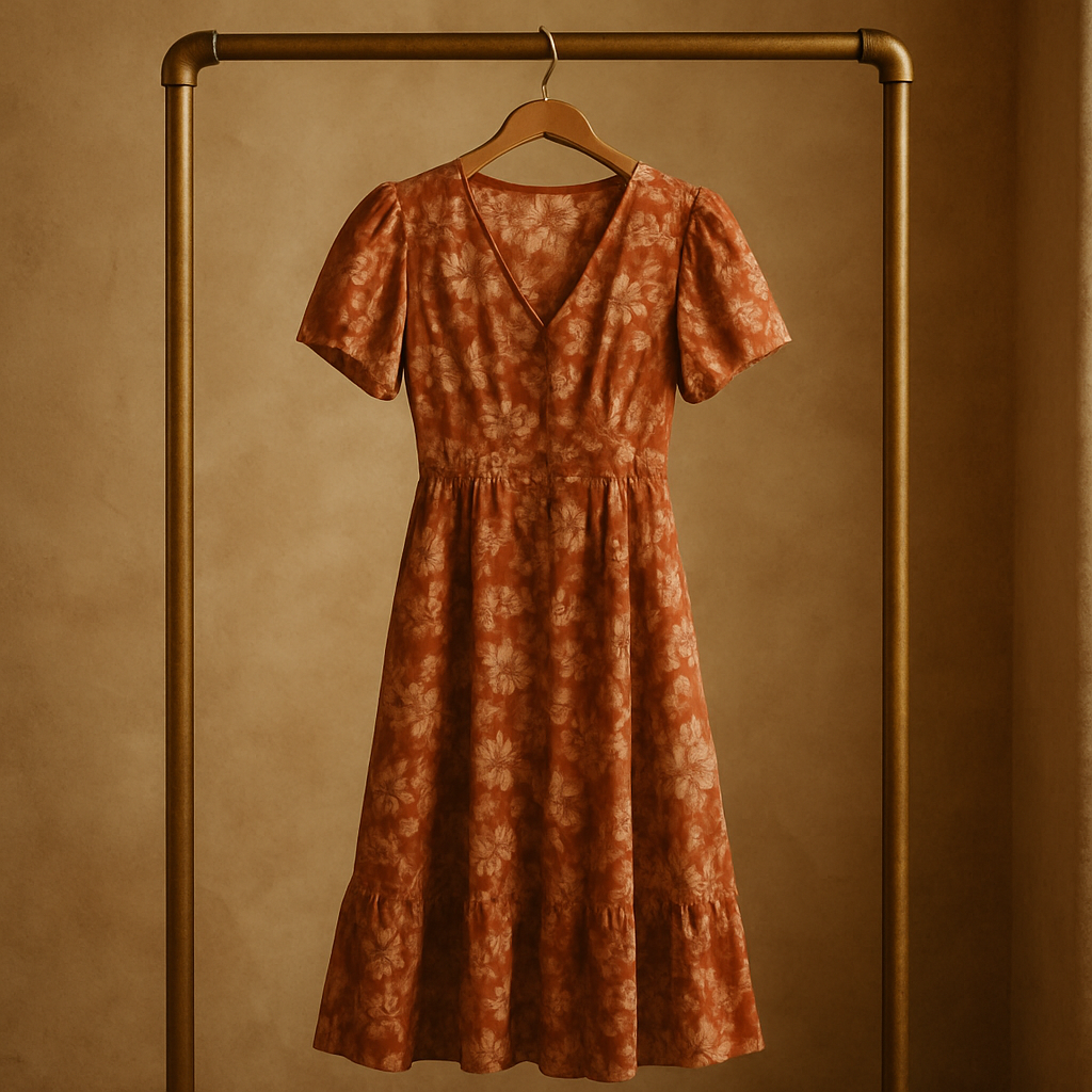 Flowy 70s floral midi dress in warm tones hanging on a vintage rack