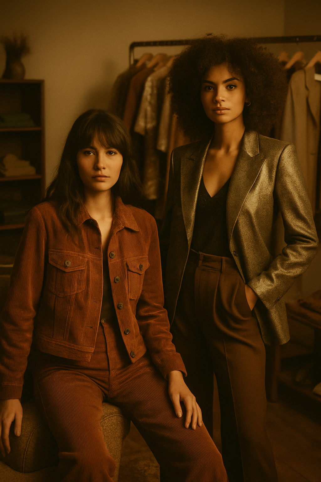 Vintage fashion editorial of two models wearing 70s and 80s inspired outfits in a warm, film-like boutique setting