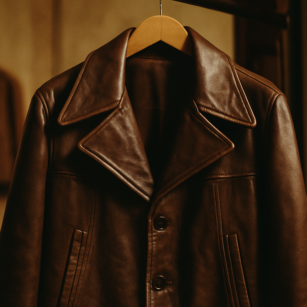 Cropped vintage leather jacket in deep brown with oversized collar on a hanger