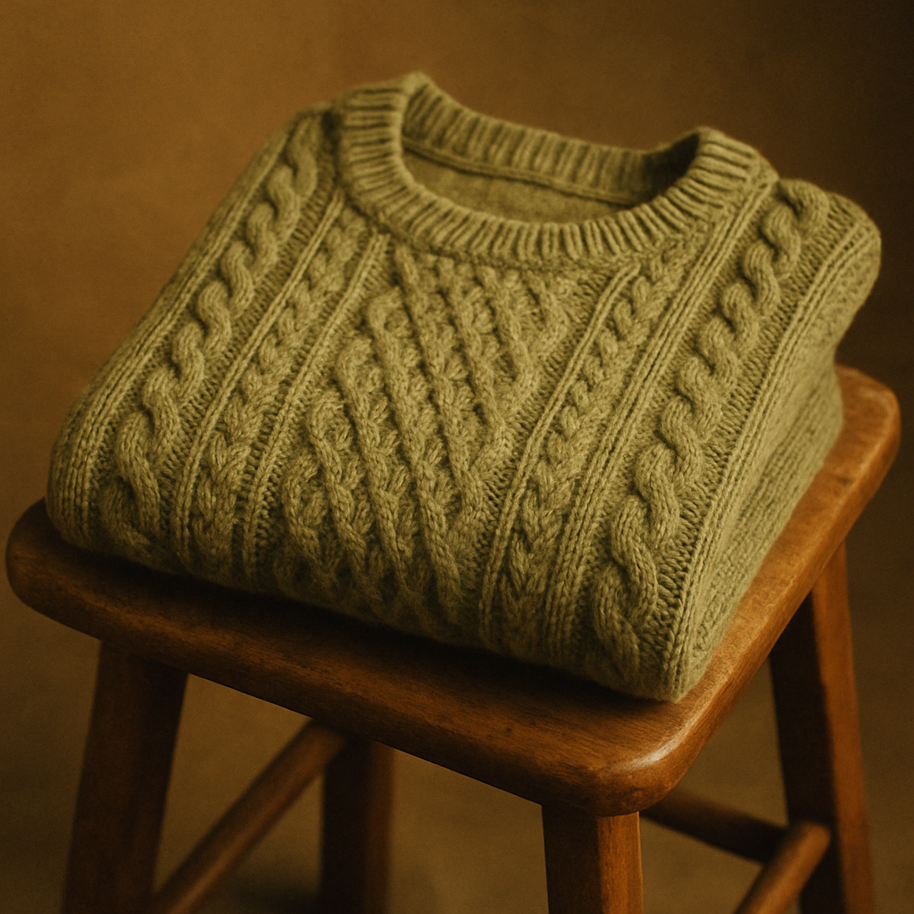 Soft cable-knit sweater in muted olive with warm film lighting