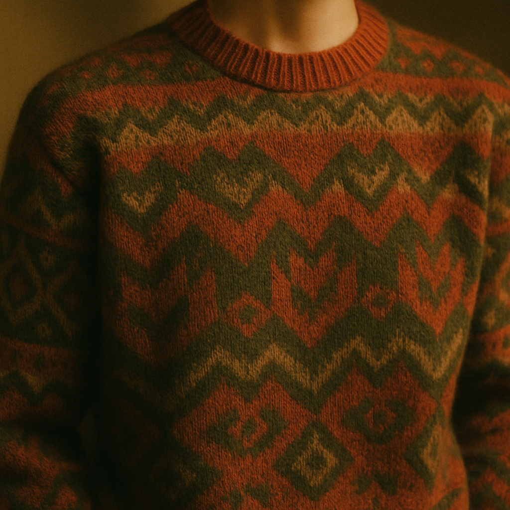 Close-up editorial shot of a retro patterned knit sweater in rust and olive tones with a textured weave and soft grainy light