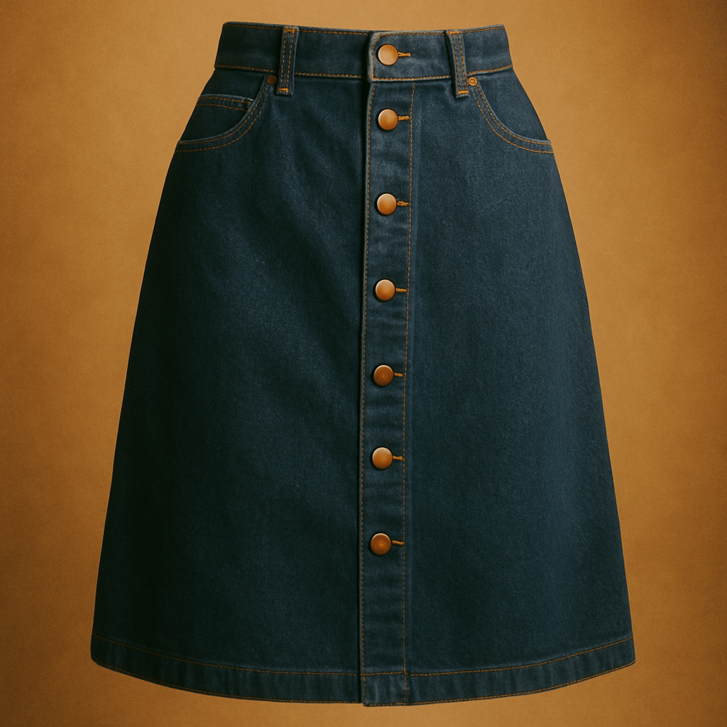 Studio photo of a 1980s high-waisted denim skirt in deep indigo with brass buttons and warm film-style lighting
