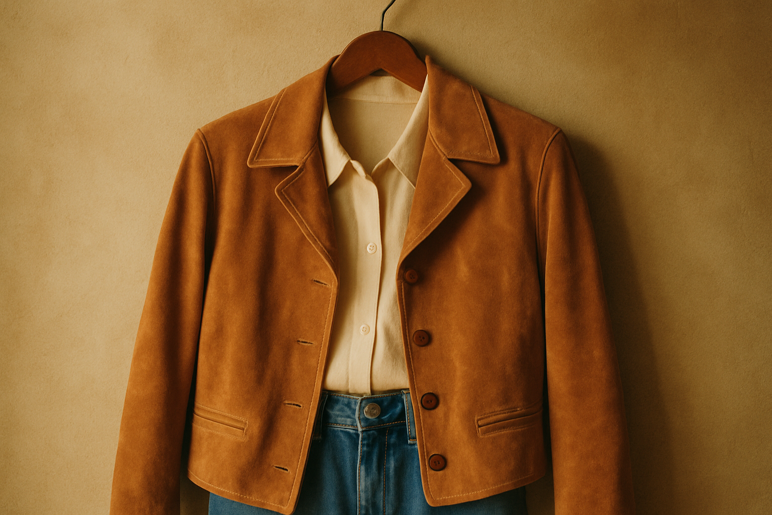 Warm editorial photo of a vintage camel suede jacket layered over a cream blouse and high-waisted denim, styled on a wooden hanger with soft film lighting