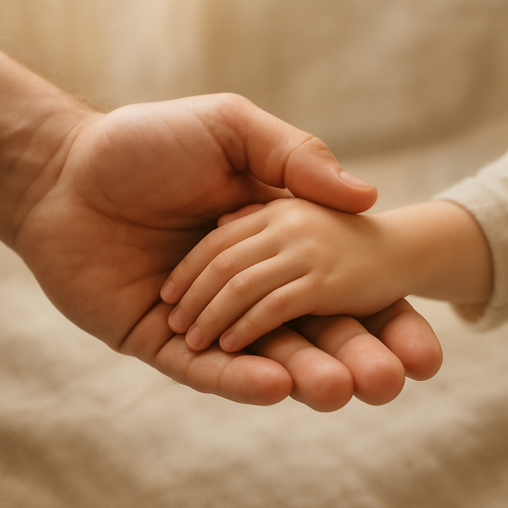 Hands of a father and child gently holding each other
