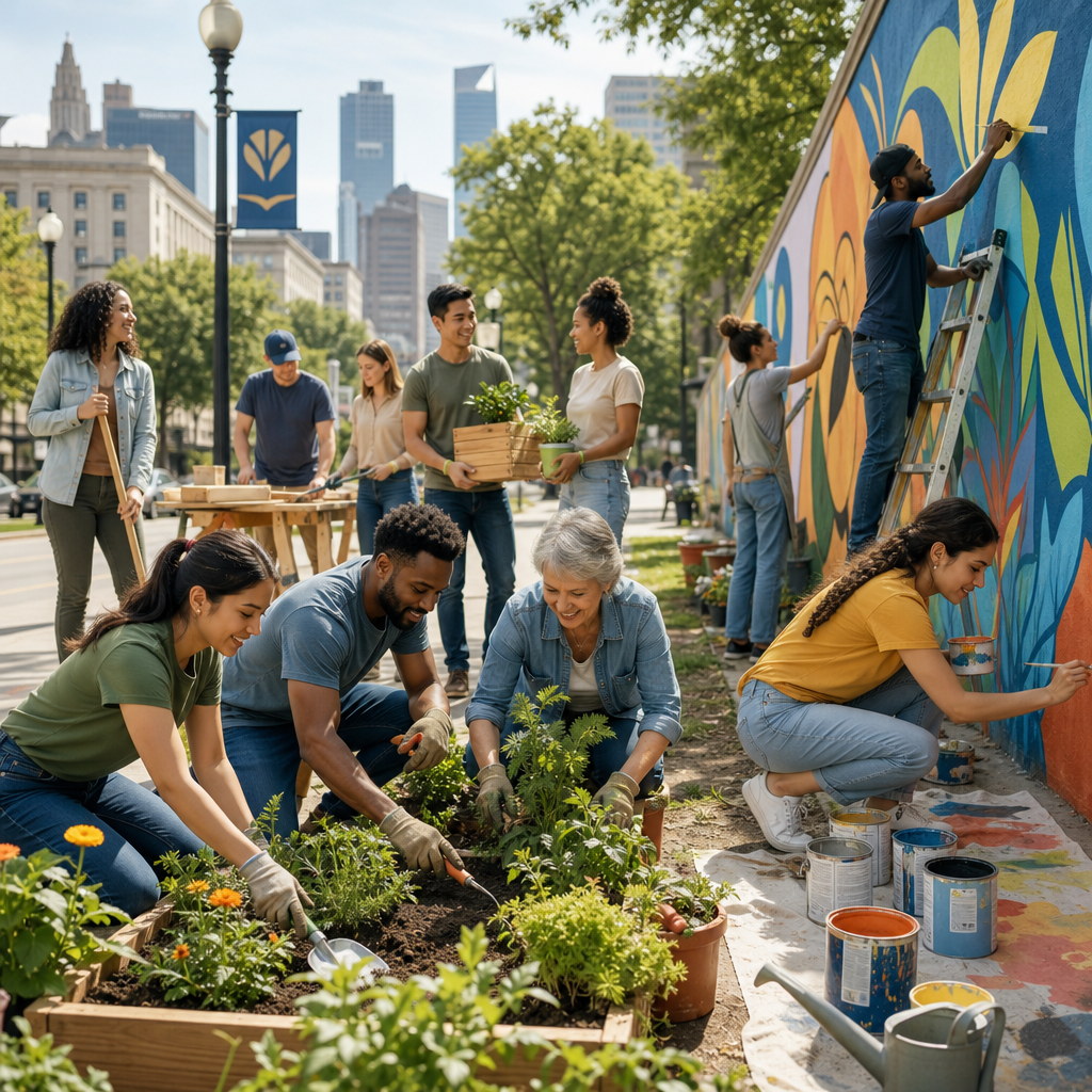 Constructive local action with creative community participation in a civic-inspired visual style