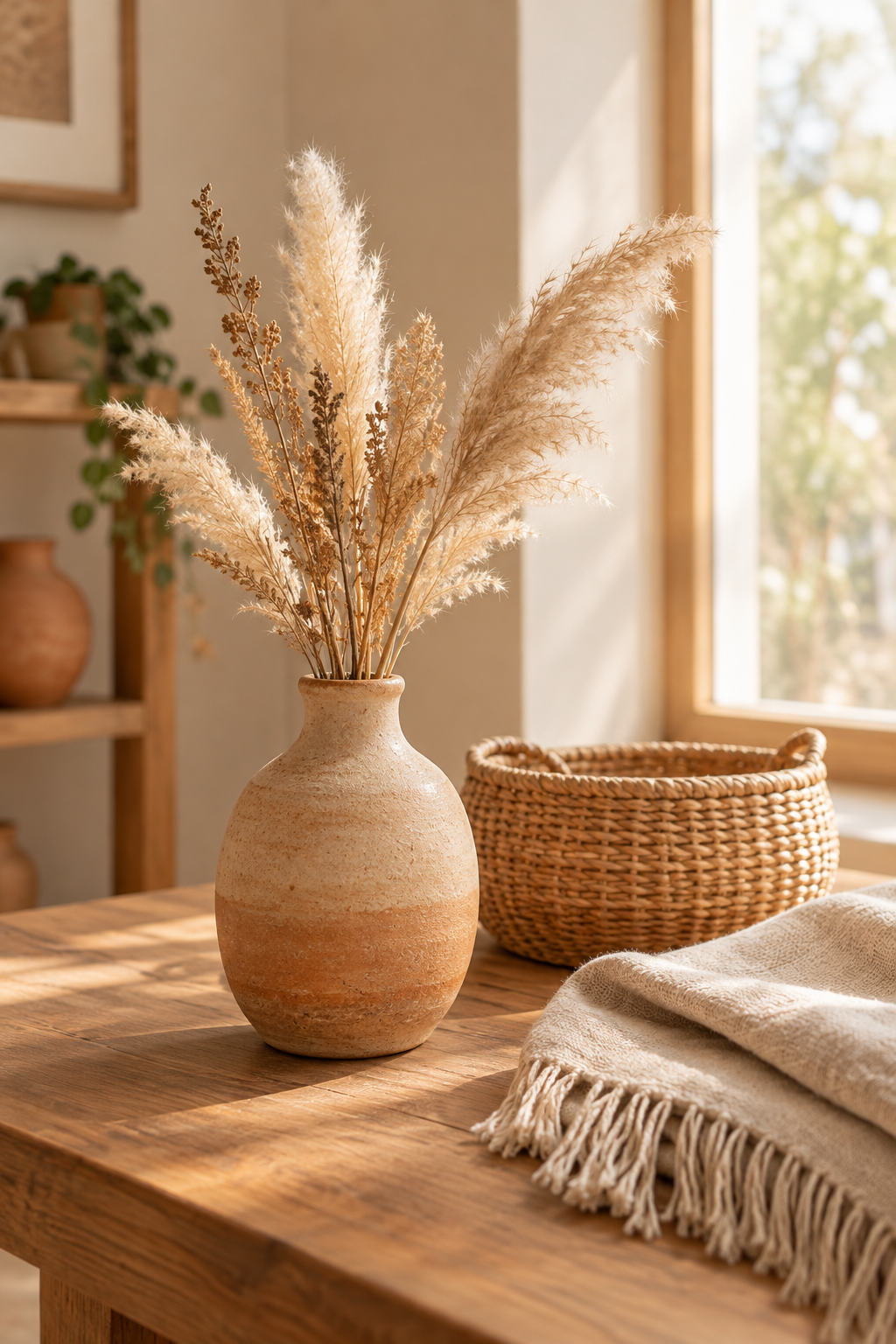 Warm artisan home decor arrangement with handmade ceramic vase, woven basket, linen throw, and dried botanicals in soft natural light