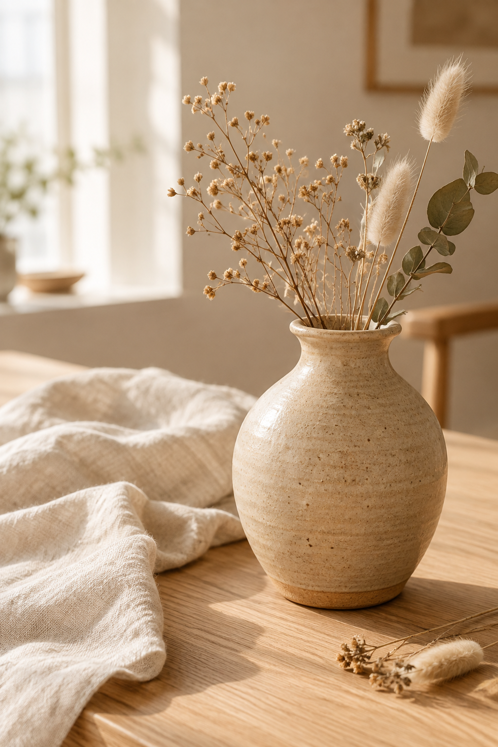 Warm-toned handmade ceramic vase on a wooden table with linen fabric and dried stems in soft natural daylight