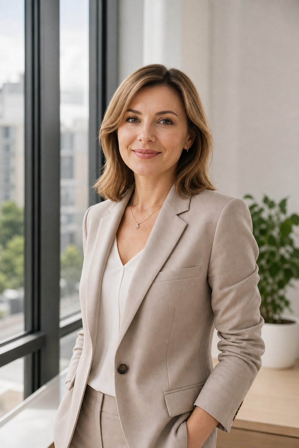 Olha Melnyk, Kyiv real estate agent, smiling in a bright modern office