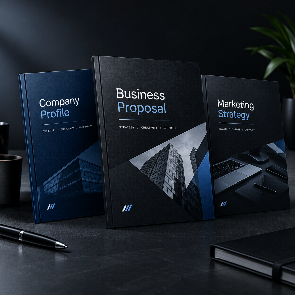 Stacked corporate presentation and pitch document mockups with navy and charcoal accents in a professional studio scene