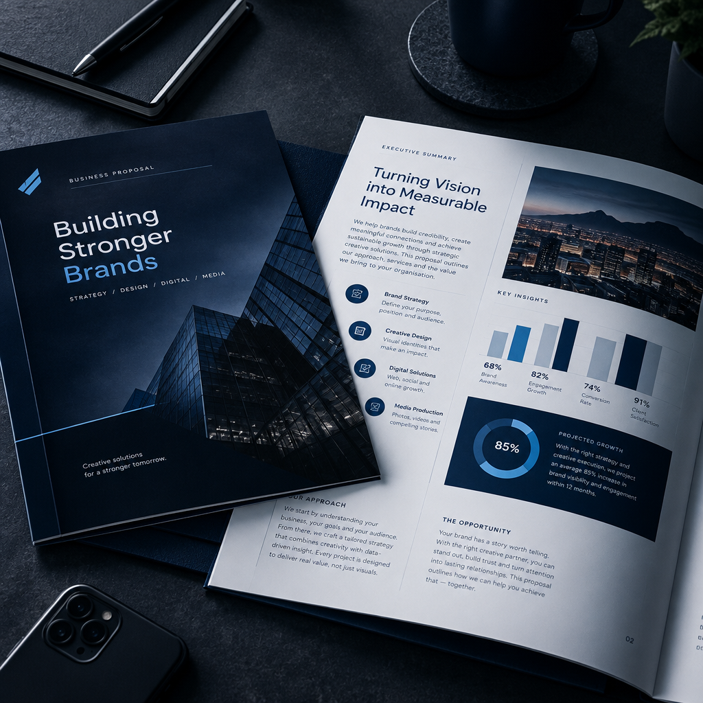 Close-up proposal and report pages with charts, executive summary blocks, and clean brand-consistent spacing