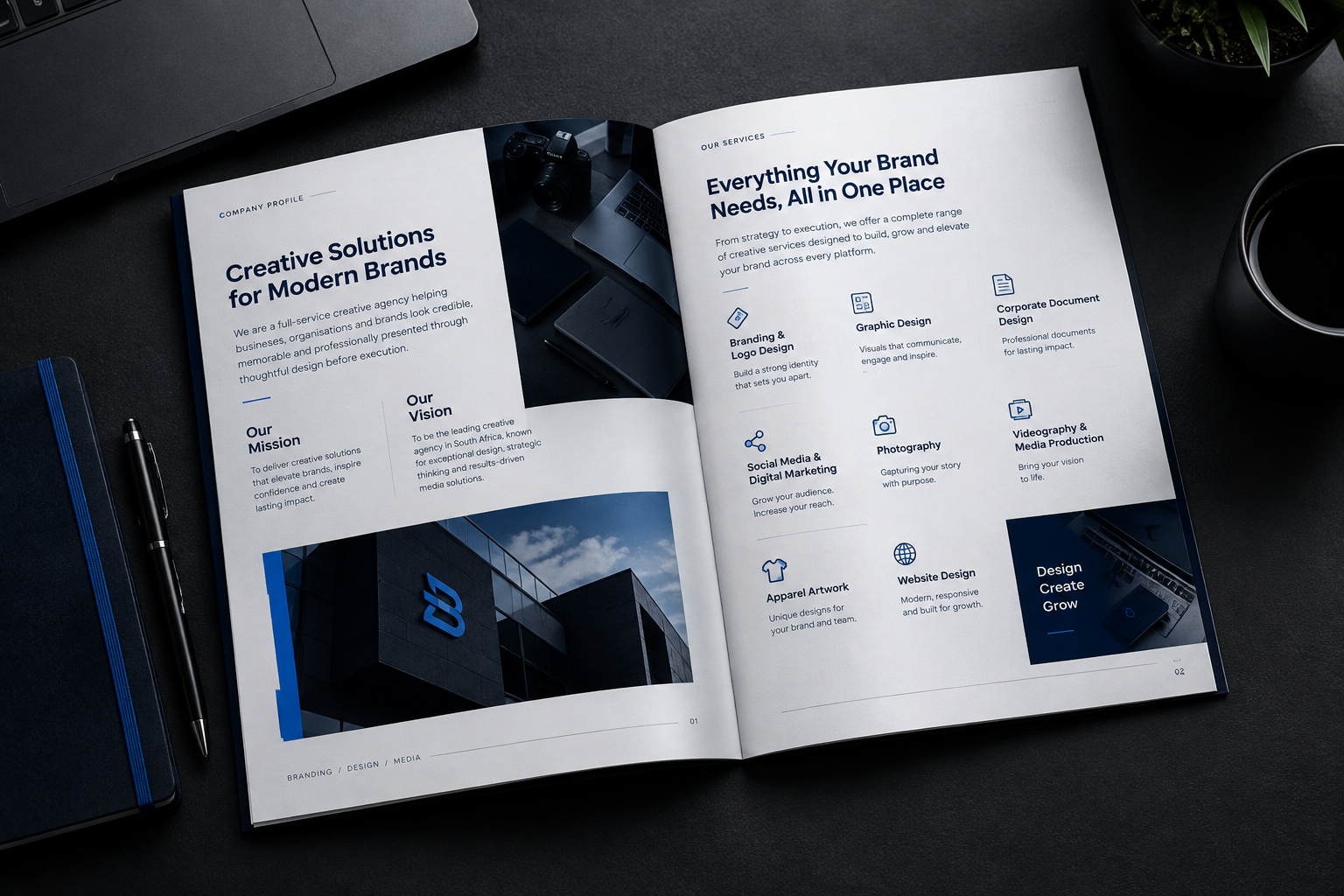 Open premium company profile spread on a dark desk with crisp typography, service sections, and structured corporate layout