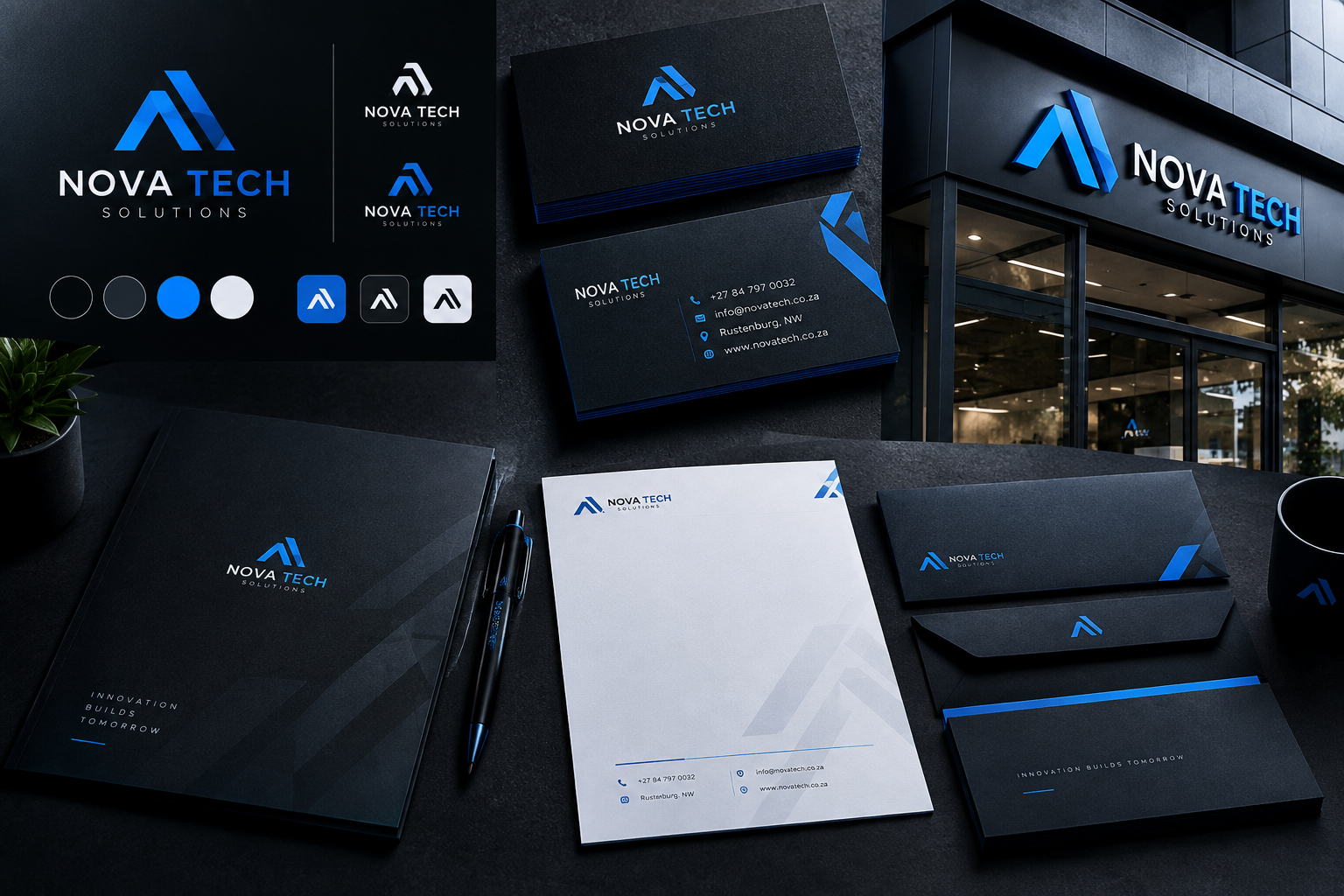 Premium branding rollout board for a Rustenburg business showing logo system, stationery mockups, and storefront applications in dark editorial presentation