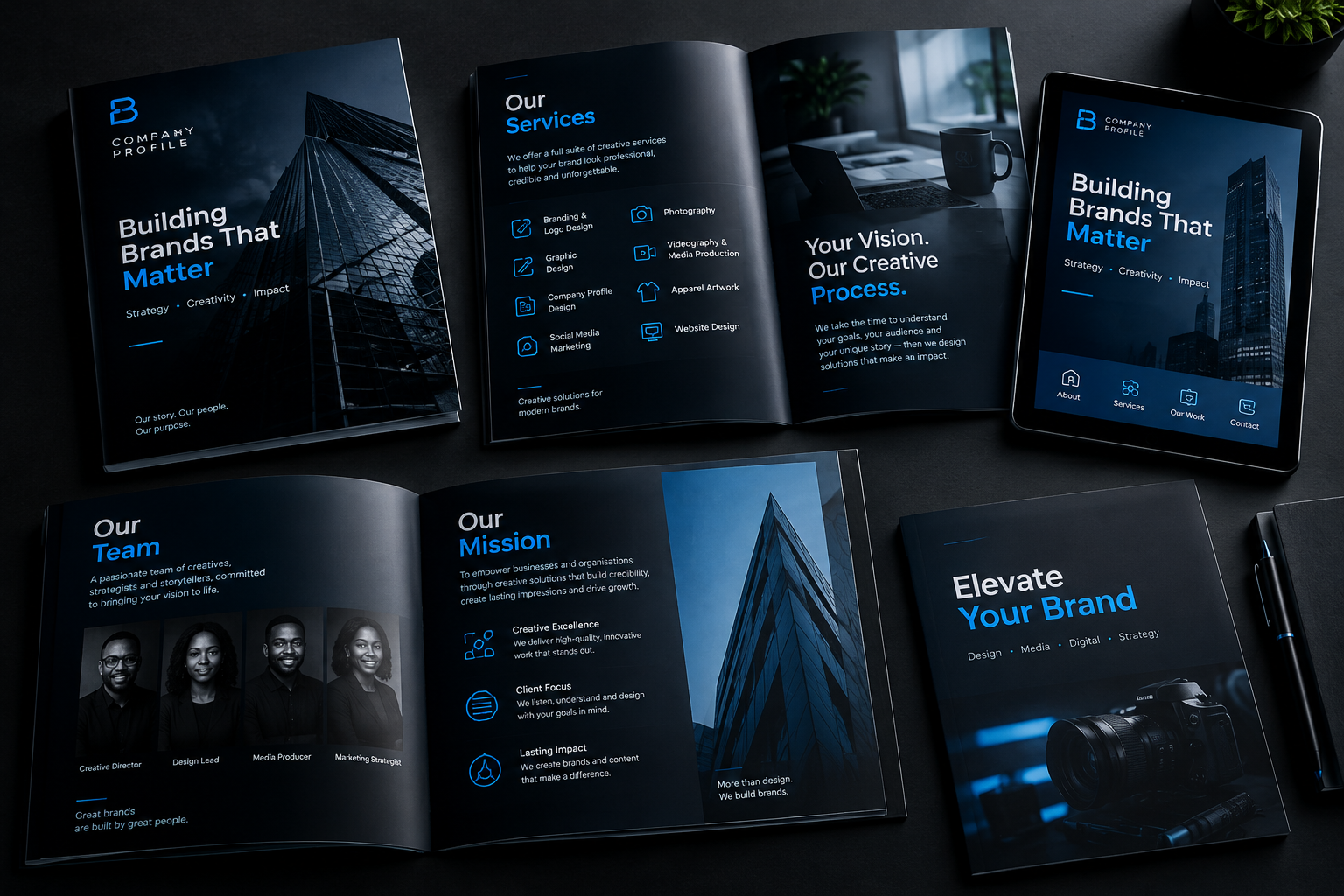 Printed and digital company profile spread with structured corporate layouts, service pages, and clean typography designed for South African organisations