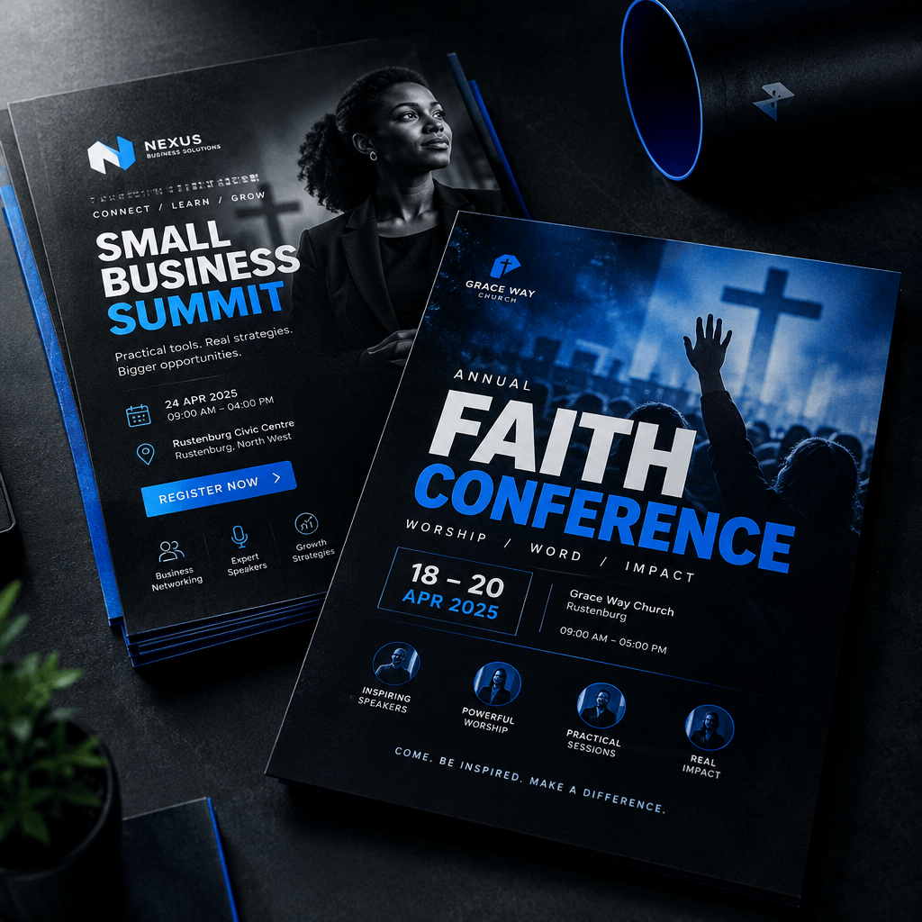 High-impact event flyer and promotion poster set with bold type hierarchy and print-ready layout composition