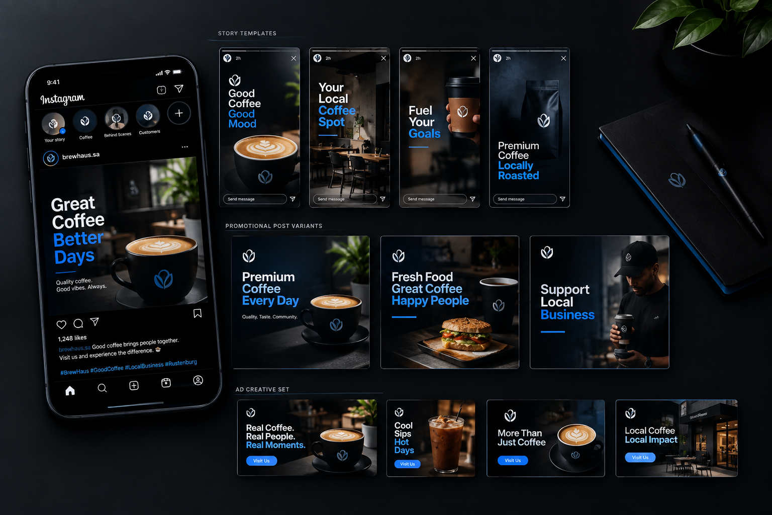 Social media campaign mockups showing branded Instagram post grid, story frames, and ad creatives with consistent visual identity