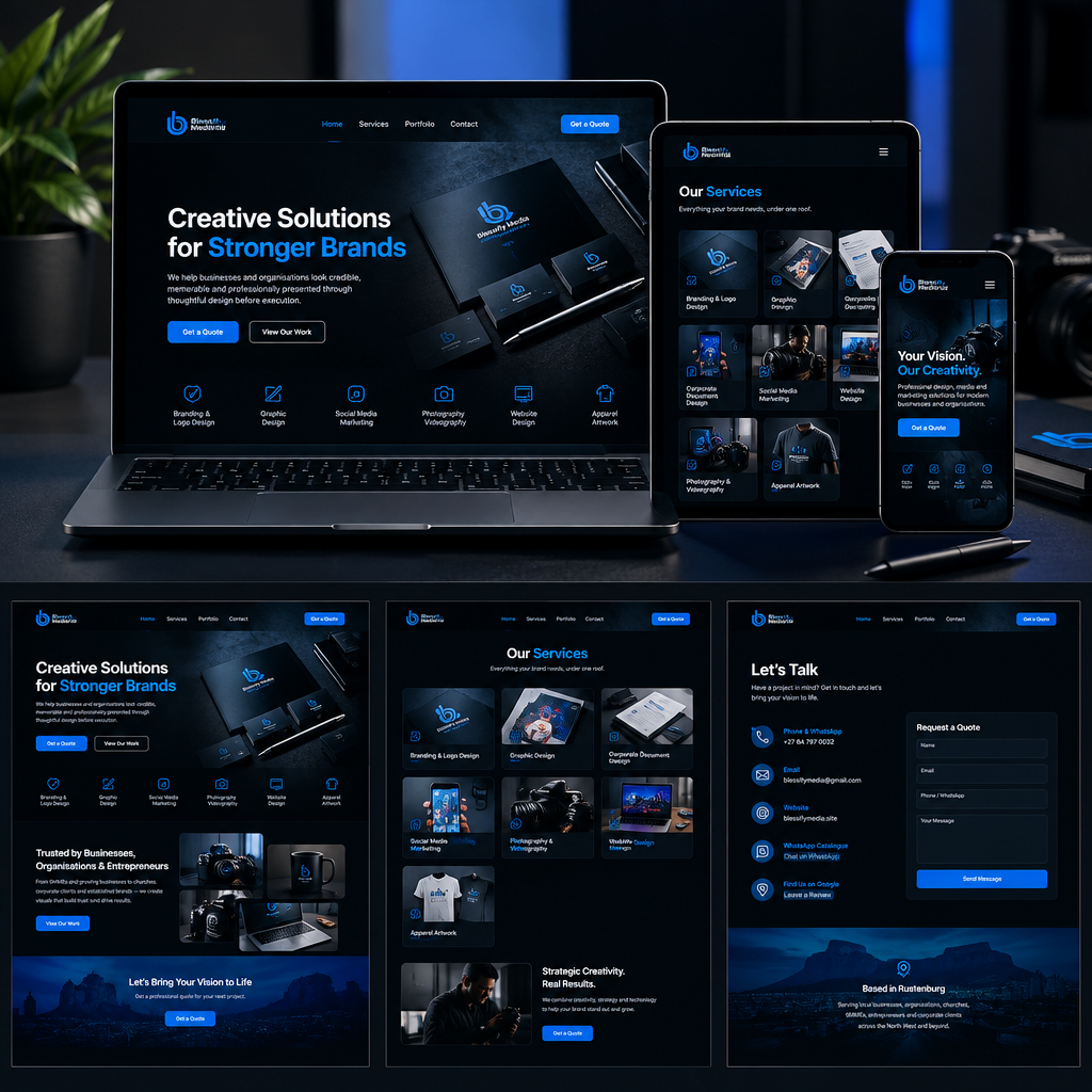 Responsive website design screens for a local business showing homepage, services page, and contact conversion layout