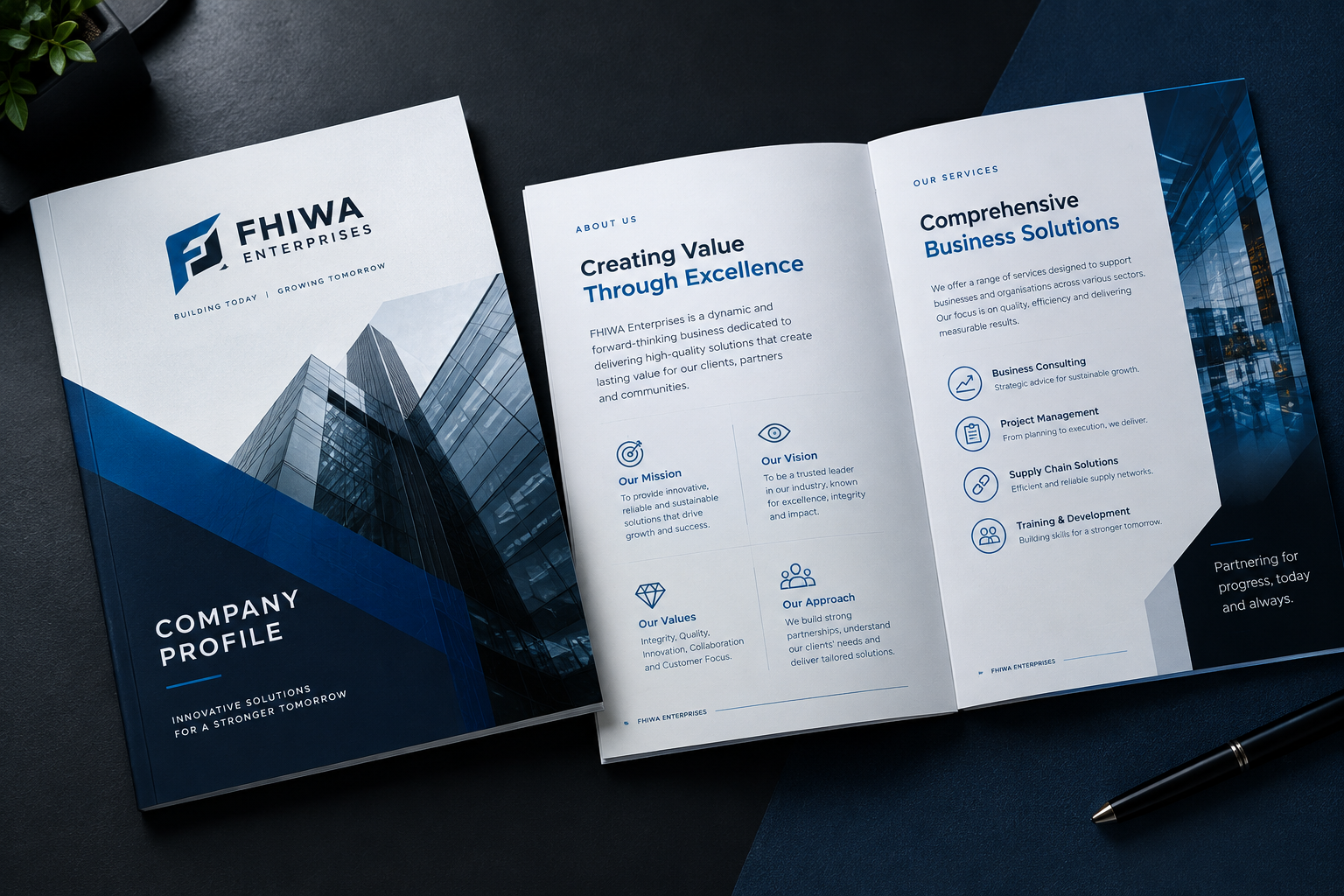 Company profile cover and interior page mockup for FHIWA ENTERPRISES