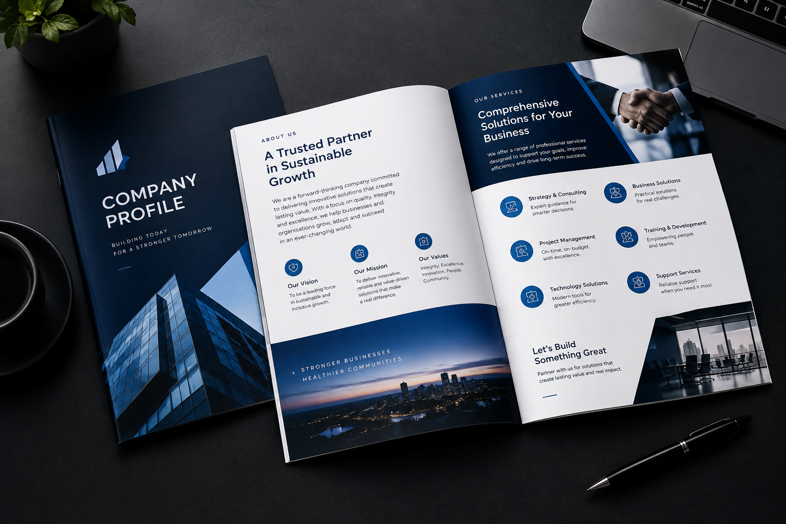 Open company profile design spread with premium typography, branded charts, and clean corporate layout mockup