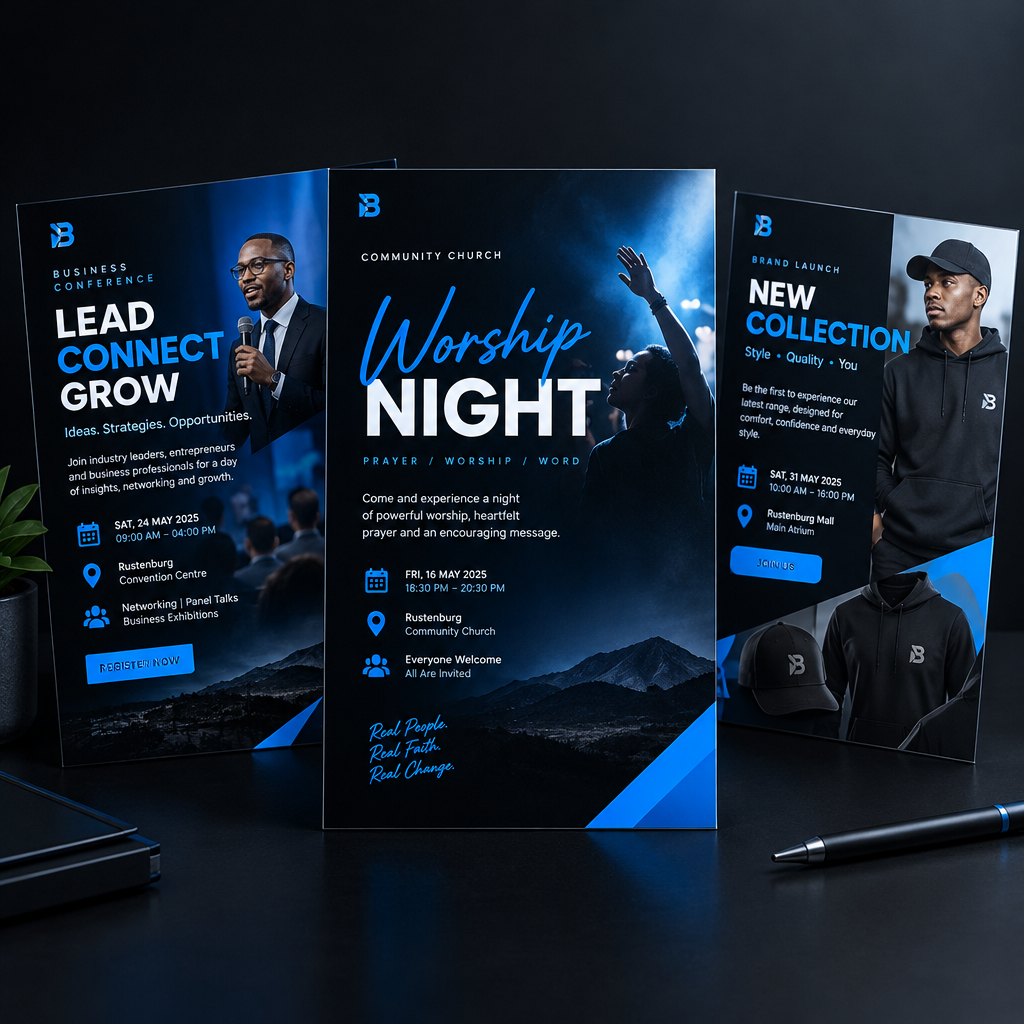Set of event and business flyer designs arranged as a campaign series with strong hierarchy