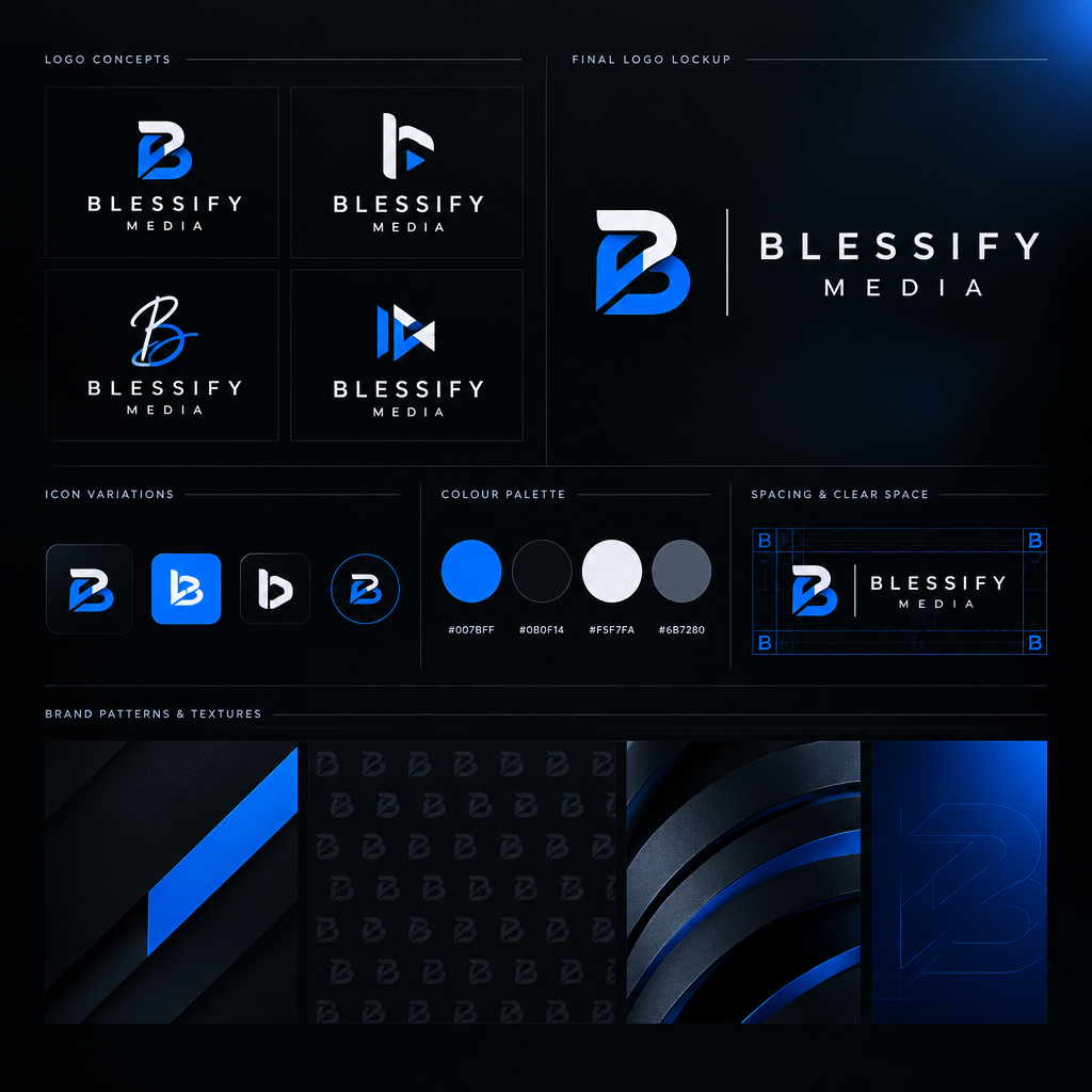 Logo identity presentation board showing symbol explorations, wordmark lockups, and brand color chips