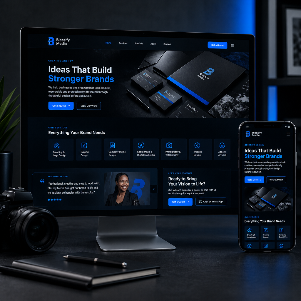 Responsive website design mockup shown on desktop and mobile screens with modern interface sections