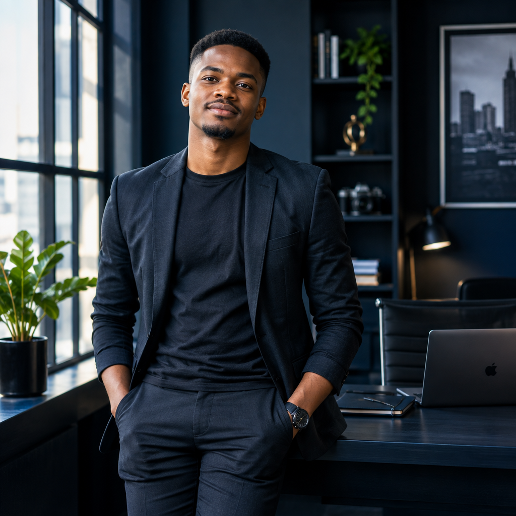 Professional business portrait session of an entrepreneur in a modern office with natural directional light