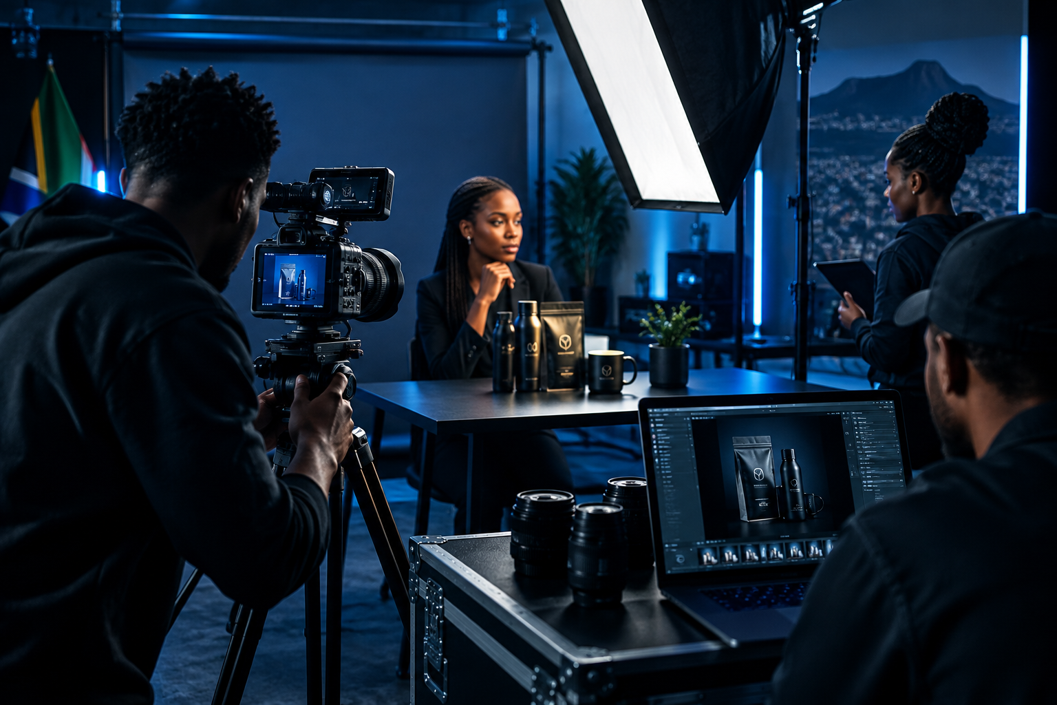 Cinematic behind-the-scenes scene of a South African creative team capturing branded product and portrait shots with studio lights and camera rig
