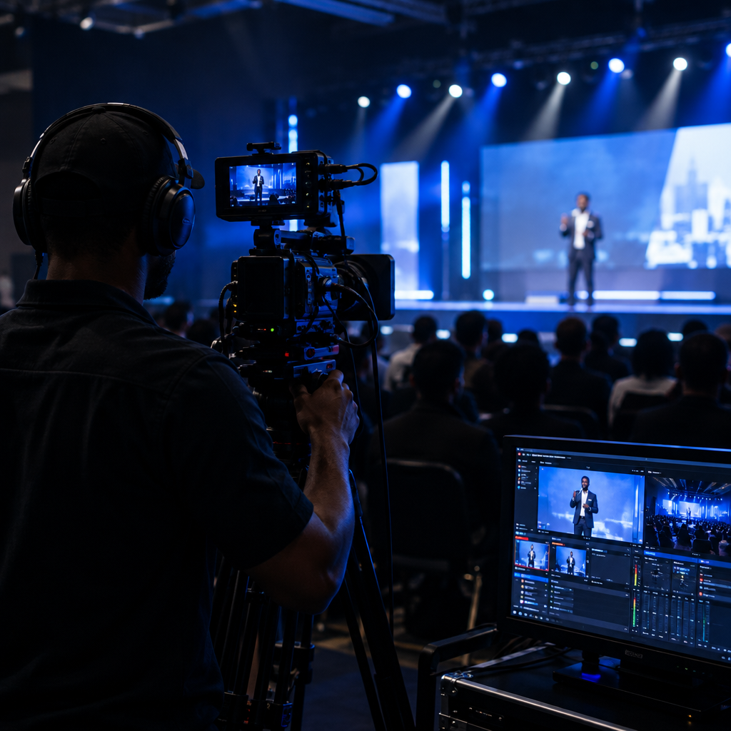 Live event videography scene with camera operator, stage lighting, and streaming monitor during a corporate function