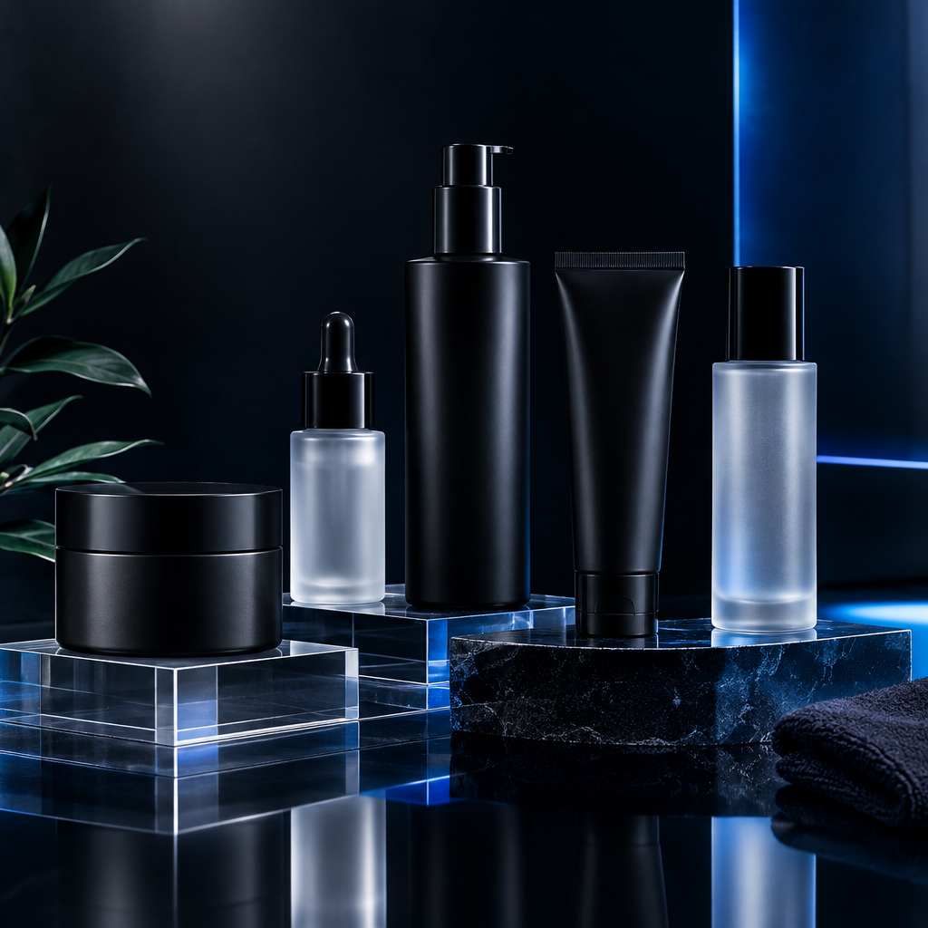 Styled product photography setup with premium skincare bottles, soft reflections, and controlled blue lighting
