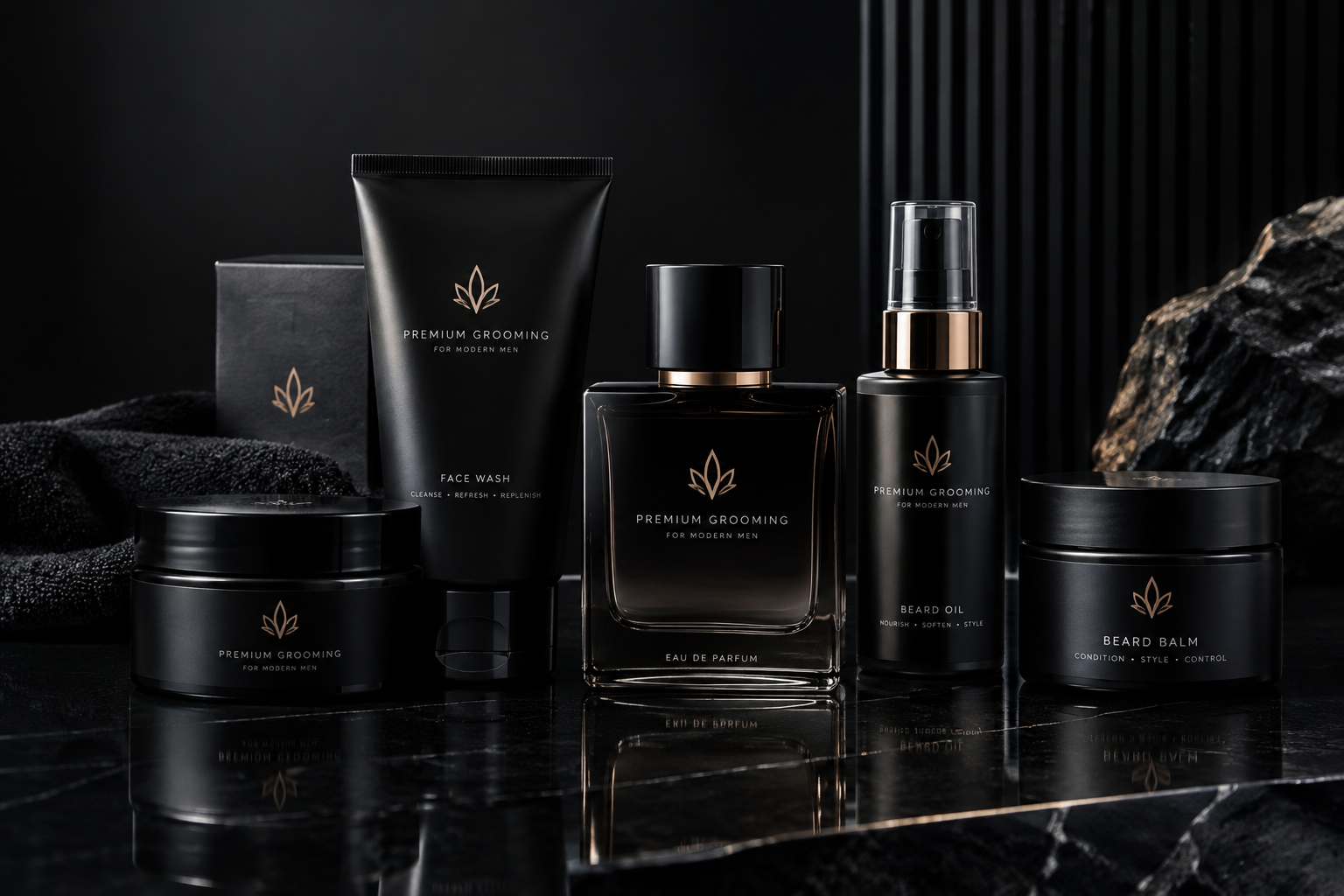 Premium brand and product photography setup with luxury cosmetic products, directional studio light, reflective surfaces, and precise composition