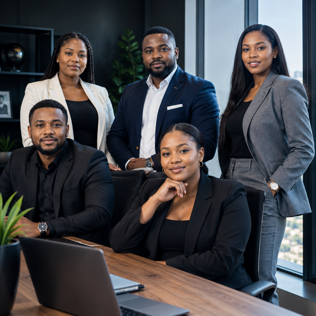 Confident business portraits of a South African leadership team in a modern office with natural window light and neutral styling