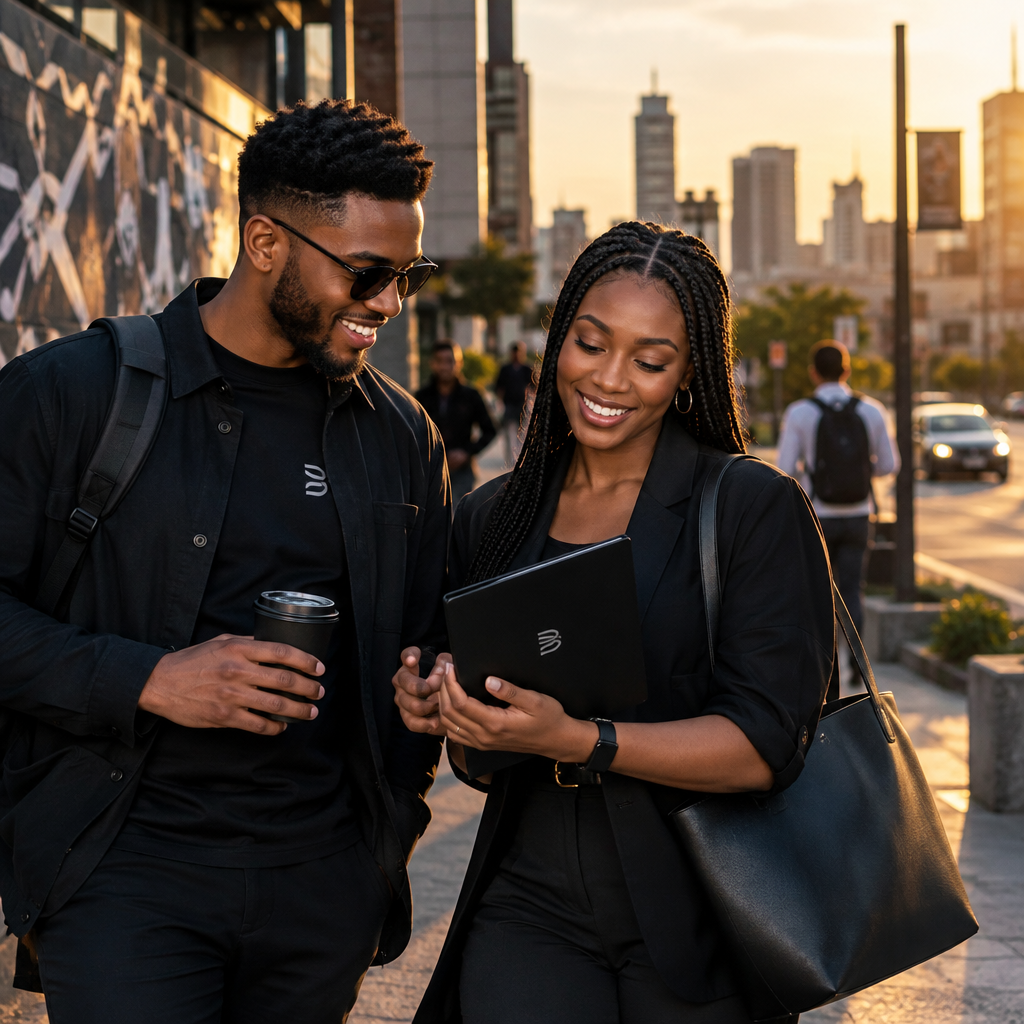Lifestyle campaign photography of diverse young professionals interacting with a product in an urban South African setting during golden hour