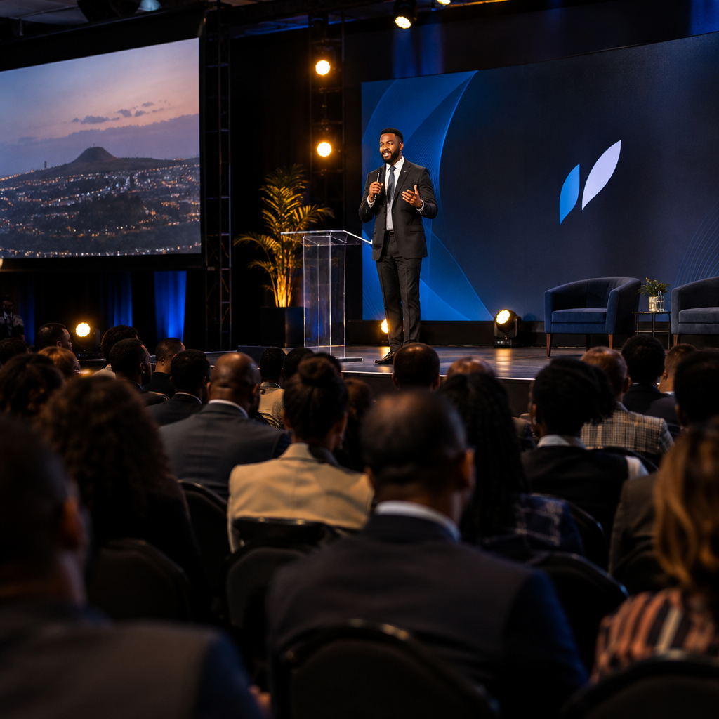 Corporate event photography showing keynote speaker on stage, audience engagement, and ambient venue lighting
