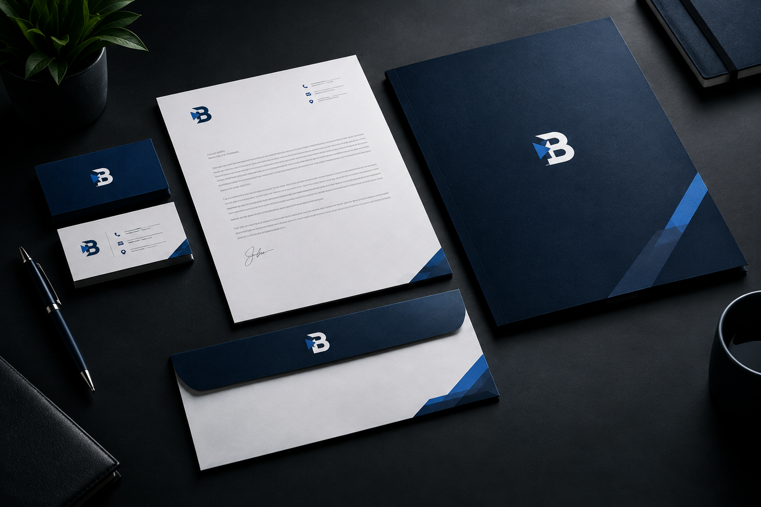 Brand identity and corporate stationery mockup featuring business cards, letterhead, and branded folder in dark blue tones
