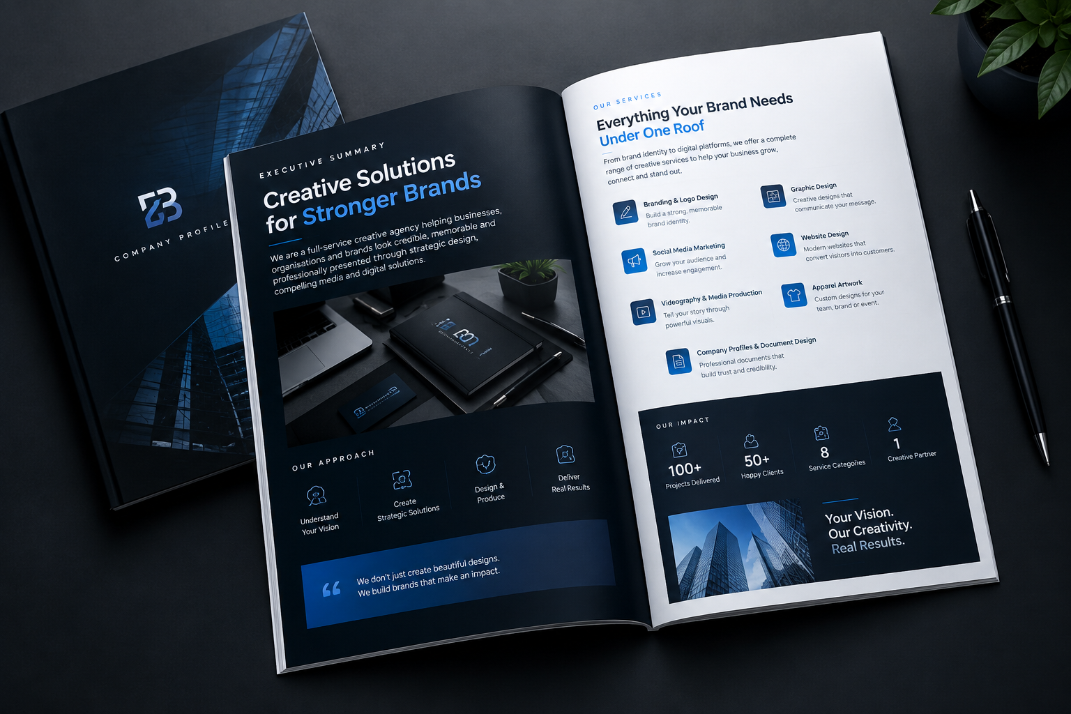 Company profile document layout spread with structured typography, business content blocks, and corporate formatting