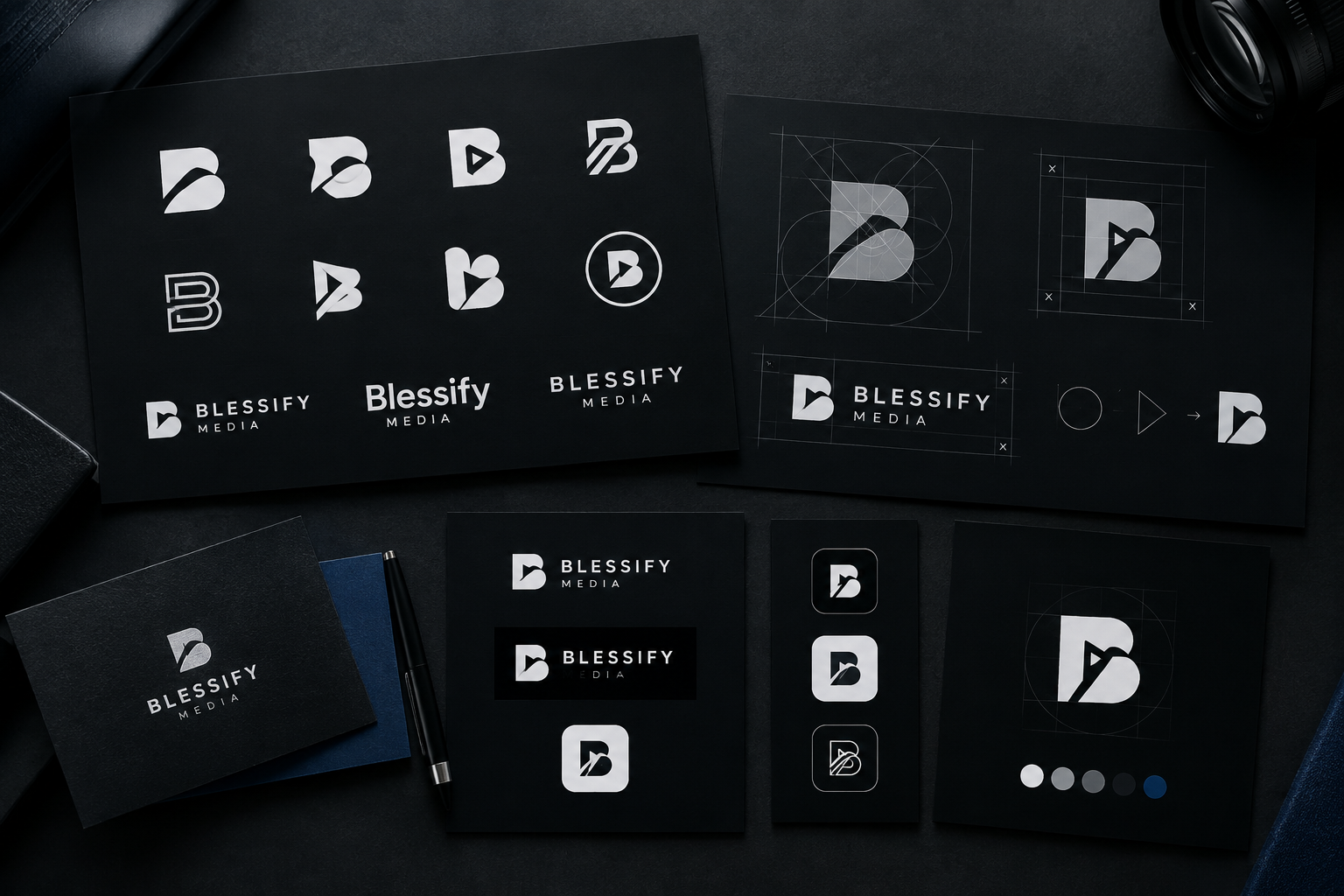 Logo development presentation board with symbol studies, lockup options, and brand application guidance