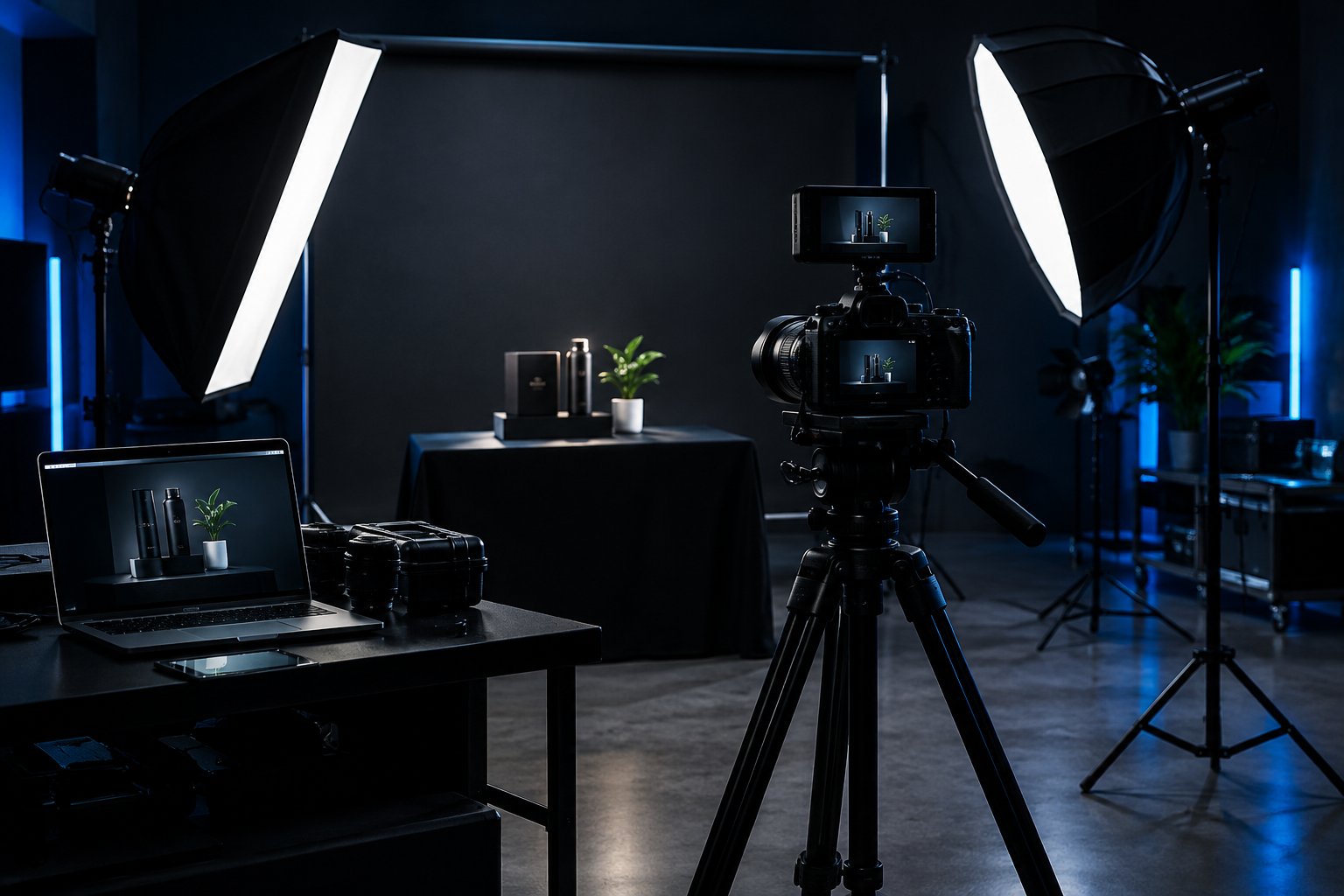 Photography and videography production setup with camera rig, studio lighting, and product-focused media composition
