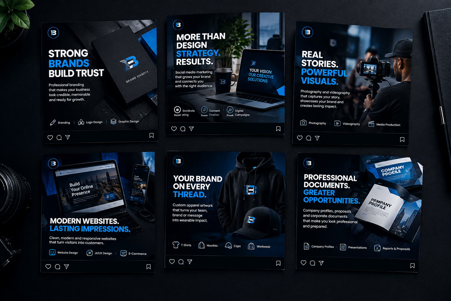 Social media campaign design layouts with coordinated square post templates and promotional graphic elements