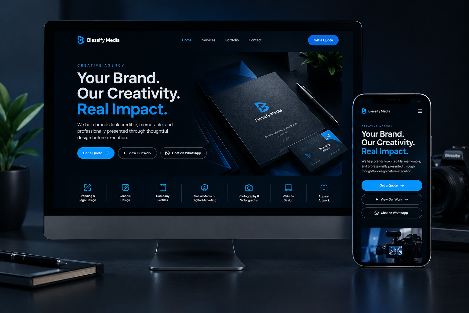 Responsive website design concept shown on desktop and mobile screens with service-focused content structure
