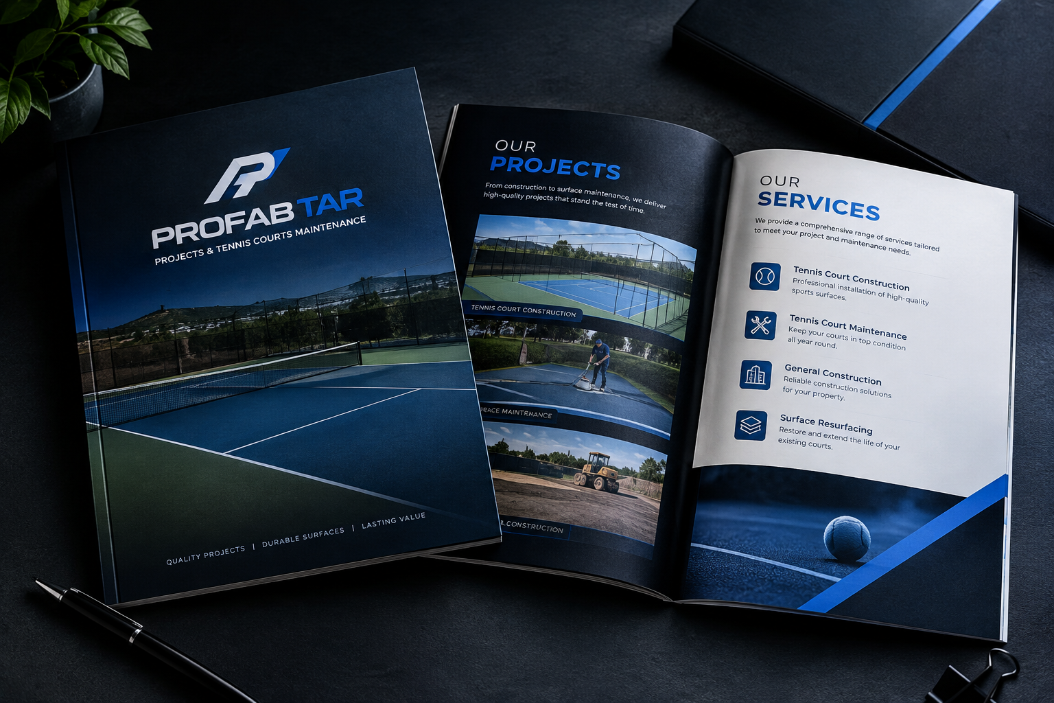 Corporate profile document mockup for PROFAB TAR PROJECTS & TENNIS COURTS MAINTENANCE