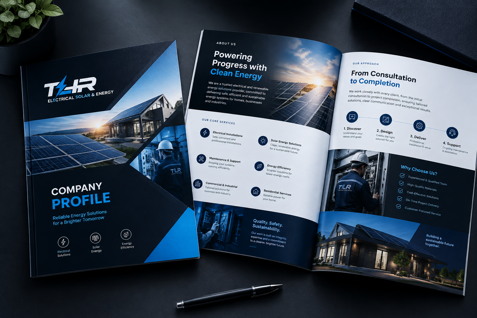 Company profile mockup pages for TLR ELECTRICAL SOLAR & ENERGY with clean technical layout