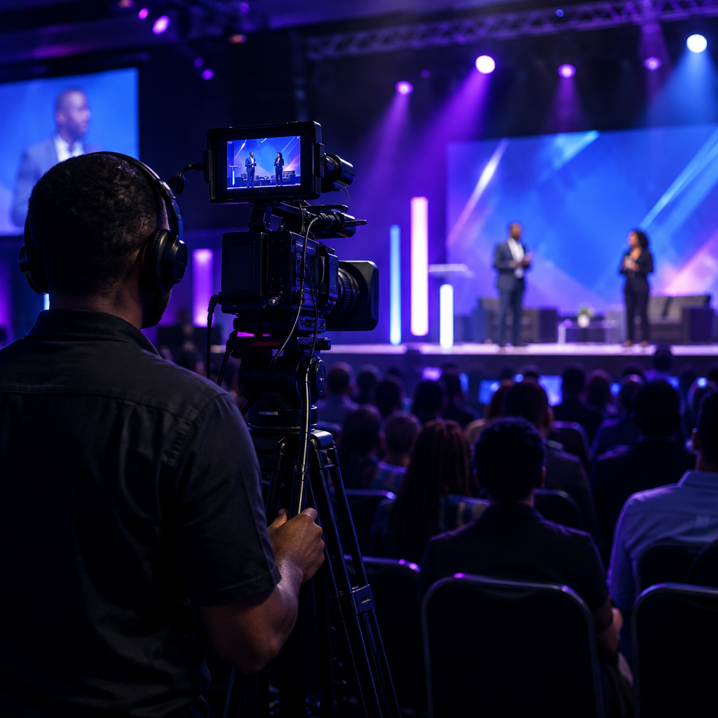Live event videographer capturing stage speakers with crowd and concert-style lights in a conference venue