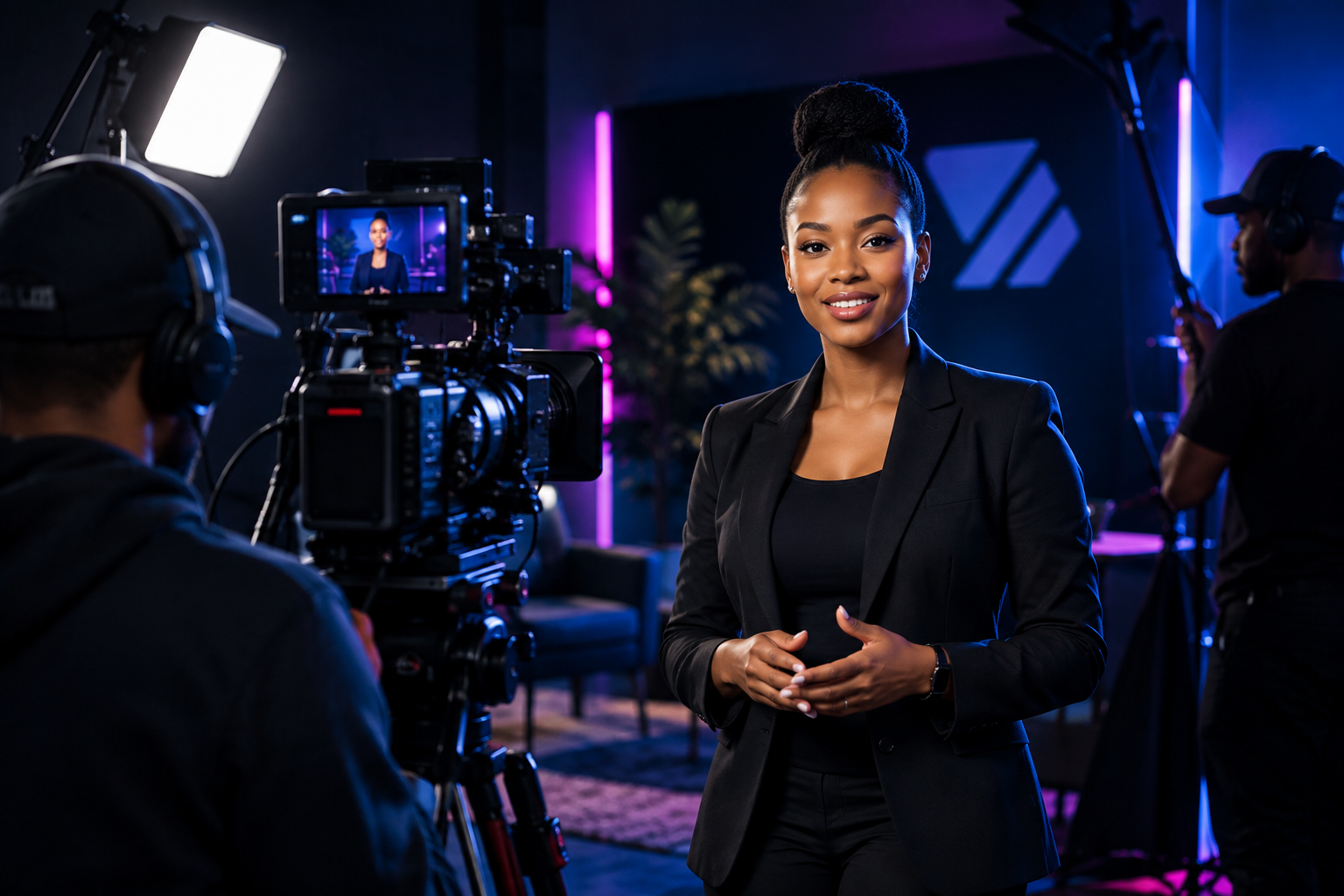 Cinematic production team filming a branded campaign scene with dramatic lighting and a presenter in frame